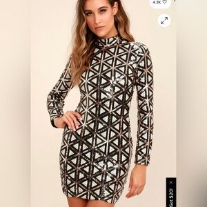 Lulu's Black and Silver Sequin Long Sleeve Dress